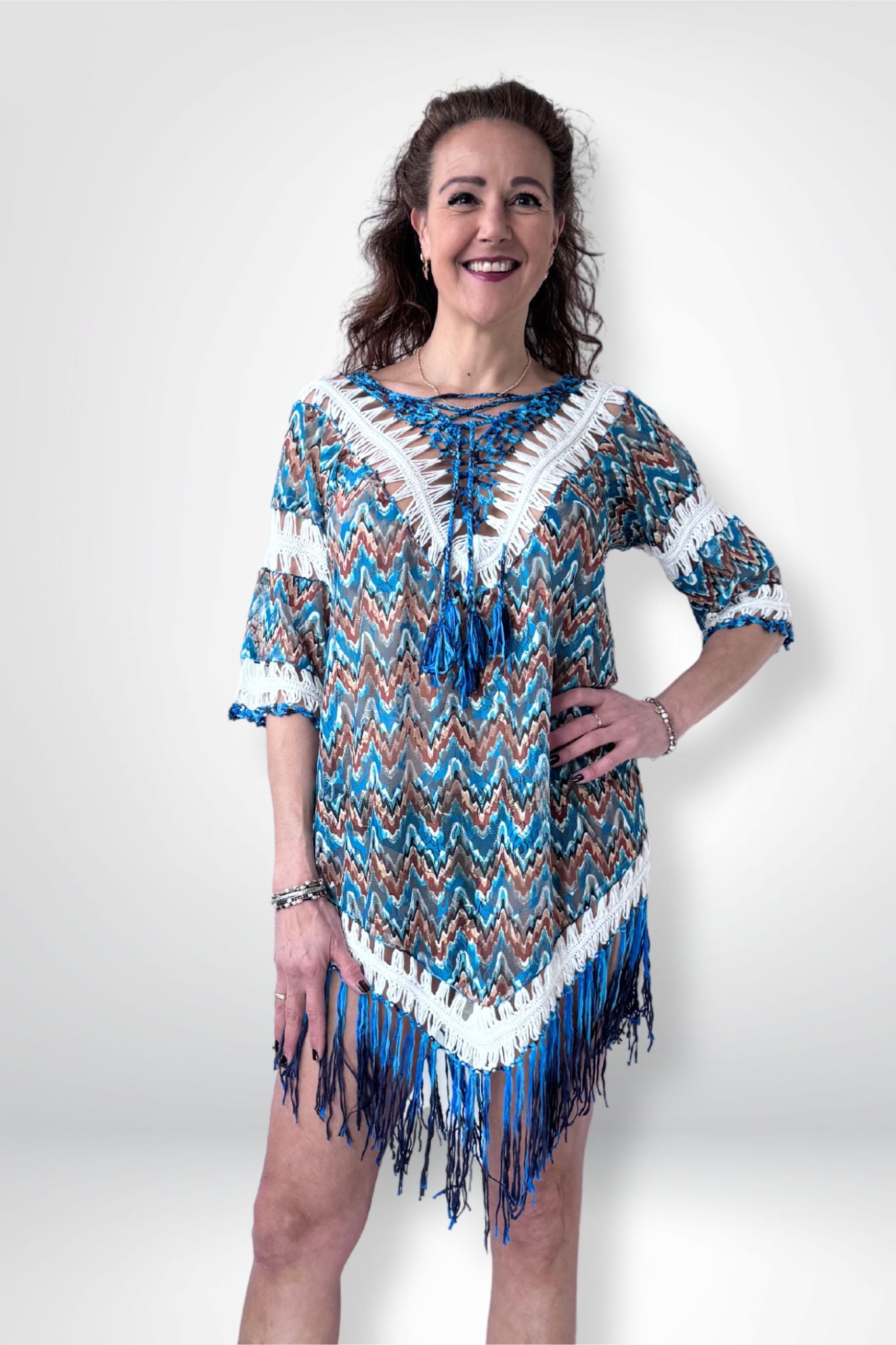 Eyecatcher tuniek opengewerkte stof en ibiza franjes  Souri Fashion
